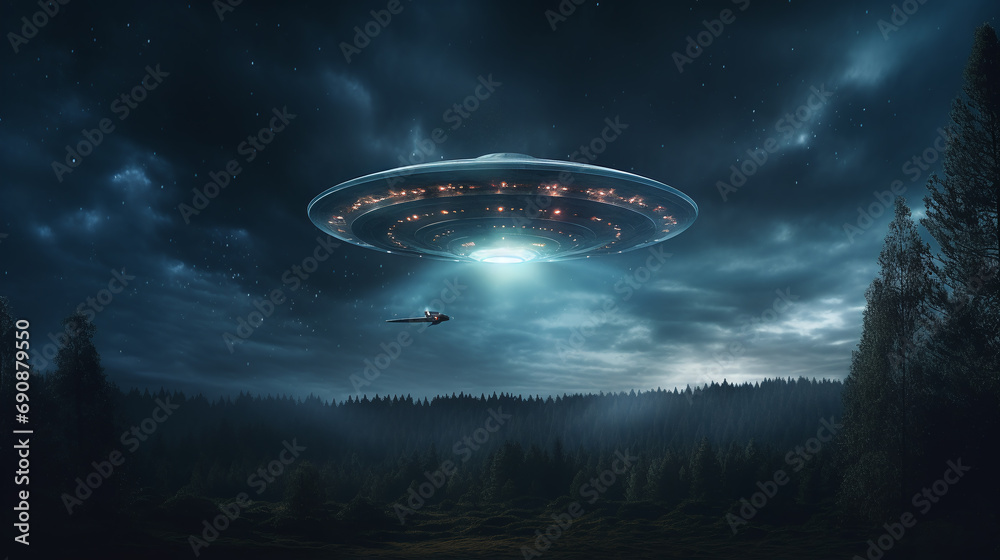 UFO, an alien saucer hovering above the field in the clouds.Unidentified flying object, alien invasion, extraterrestrial life, space travel, spaceship. UFO, an alien saucer hovering above the field in the clouds.Unidentified flying object, alien invasion, extraterrestrial life, space travel, spaceship.