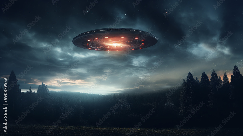 Fototapeta premium UFO, an alien saucer hovering above the field in the clouds.Unidentified flying object, alien invasion, extraterrestrial life, space travel, spaceship.