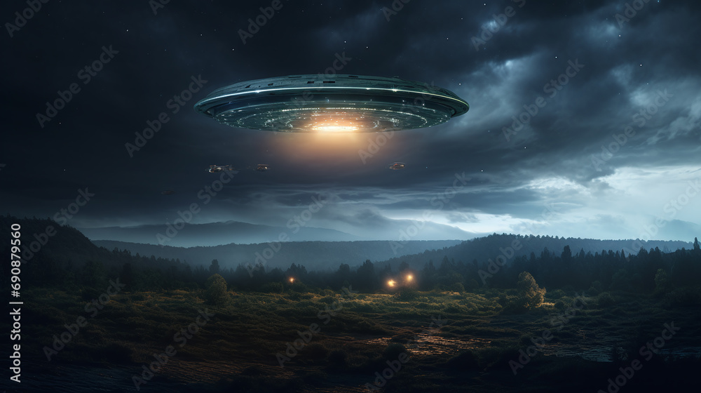 UFO, an alien saucer hovering above the field in the clouds.Unidentified flying object, alien invasion, extraterrestrial life, space travel, spaceship.