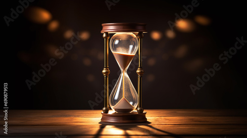 An hourglass on dark glitter background. Concept of time passing, urgency or deadline.