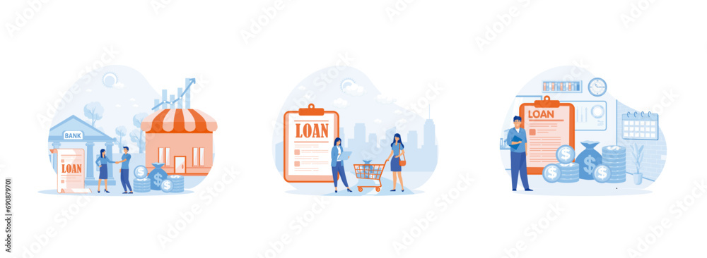 businessman borrowing or owing money in the bank to improve his business, Business loan, Loan disbursement. Business loan set flat vector modern illustration 