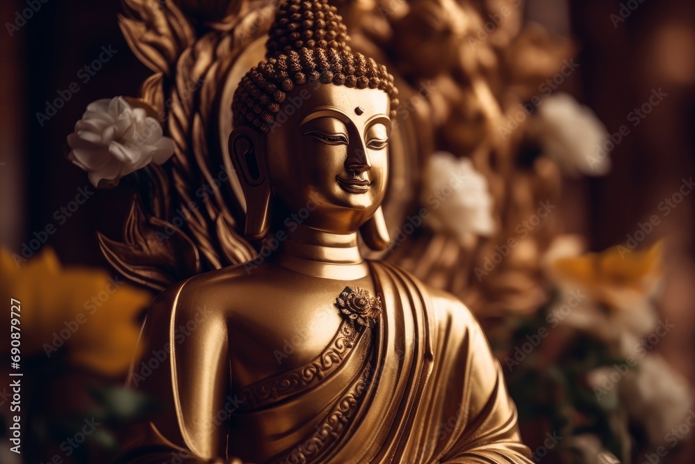 A golden statue of a buddha in temple, Generative AI
