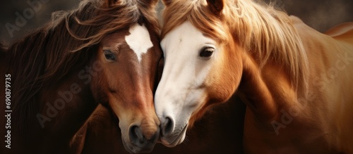Two horses displaying friendship through an embrace.