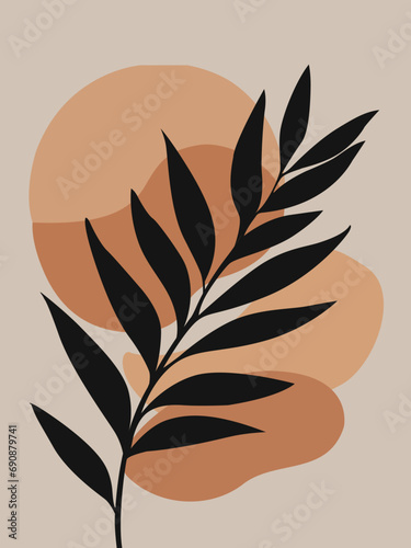 Minimal hand drawn boho wall art cover, vector design with a palm leaf and shapes