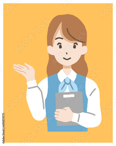 バインダーを抱えて案内する受付嬢