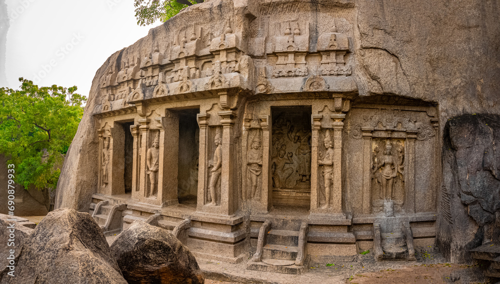 Exclusive Monolithic Rock Carved - Thirumoorthi Cave Temple is UNESCO's World Heritage Site located at Mamallapuram or Mahabalipuram in Tamil Nadu, South India