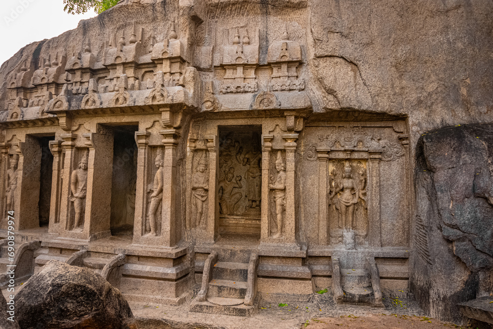 Fototapeta premium Exclusive Monolithic Rock Carved - Thirumoorthi Cave Temple is UNESCO's World Heritage Site located at Mamallapuram or Mahabalipuram in Tamil Nadu, South India