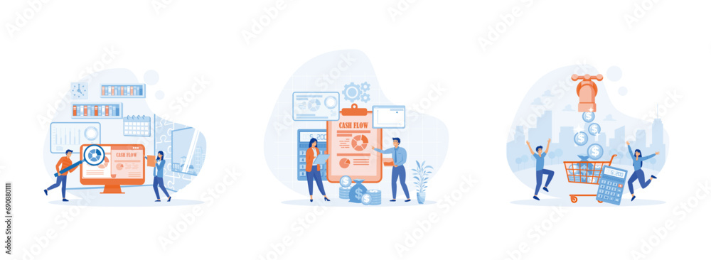 Business people with online cash flow report, Cash Flow, Showing cash coin flowing from a water tap. Cash Flow set flat vector modern illustration 
