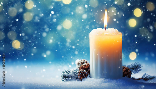 Winter christmas candle with snow. digital AI.