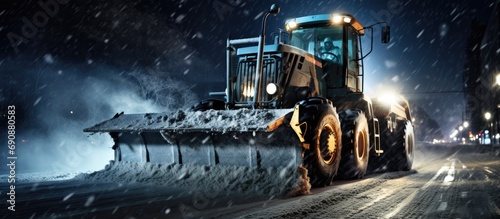 A snow removal service spreads rock salt on a city road at night during a winter blizzard using a Tractor with a mounted salt spreader.