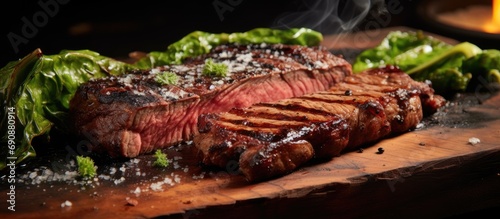 Closeup of charred wooden board with lettuce and salt paired with barbecued wagyu entrecote steak.
