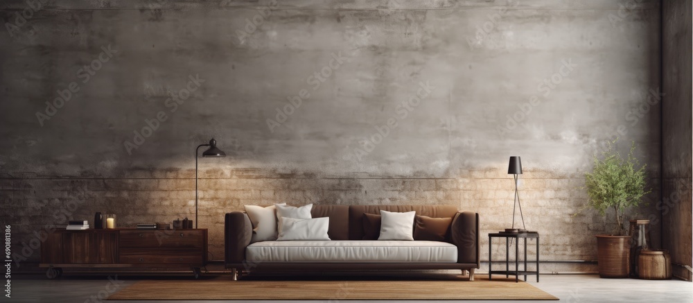 Contemporary loft living space with tall ceiling, bare brick wall, concrete floor, steel design accents. Interior photo mock-up. Contemporary loft living space with tall ceiling, bare brick wall, concrete floor, steel design accents. Interior photo mock-up.