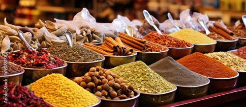 Spices and seasonings showcased at spice market in Istanbul, Turkey. photo
