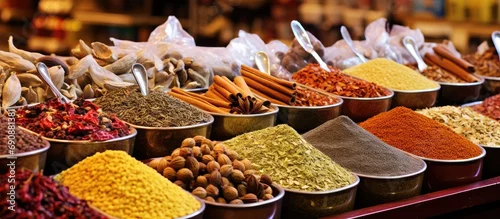 Obraz  z motywem Spices and seasonings showcased at spice market in Istanbul, Turkey.