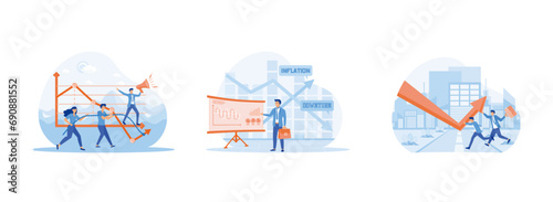 Economic downturn,   decline company money, financial crisis. Economic downturn set flat vector modern illustration