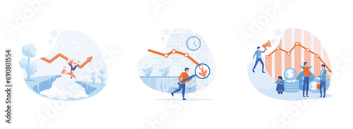 Economic downturn. Stock market decline. Profit and loss. Economic downturn set flat vector modern illustration  