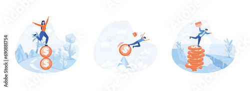Financial Instability Concept, Businessmen suffer due to financial instability, Business investor on unstable coins. Financial instability set flat vector modern illustration