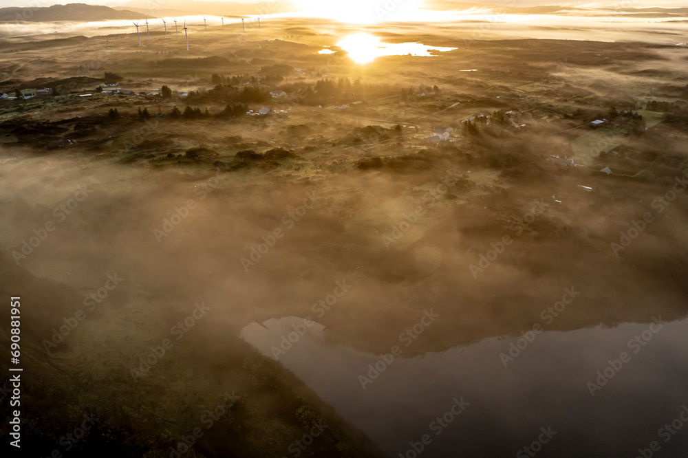 Aerial view of Lough fad in the morning fog, County Donegal, Republic of Ireland Aerial view of Lough fad in the morning fog, County Donegal, Republic of Ireland