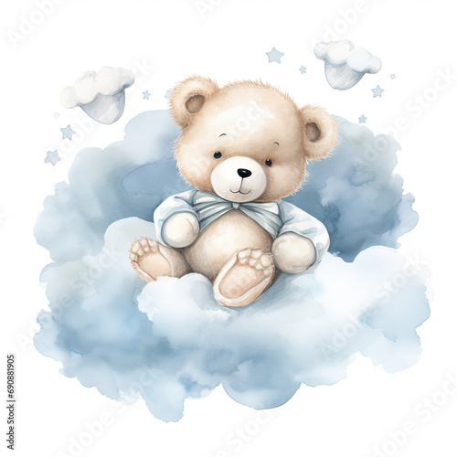Cute baby teddy bear sleeping on the cloud Illustration, Generative Ai