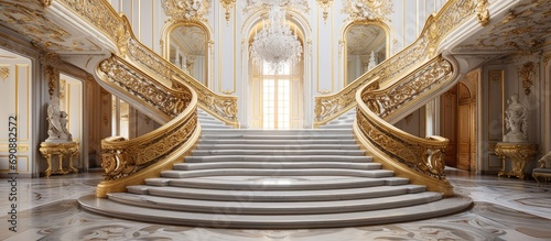 Opulent French mansion with gilded staircase. photo