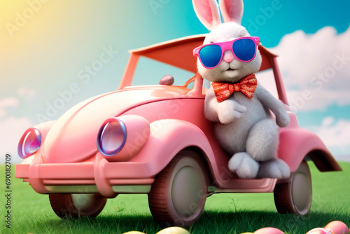 The Easter bunny wearing a bow tie and sunglasses looks out of a car filled with Easter eggs.