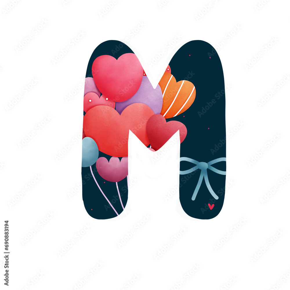 Alphabet letter M with heart balloon