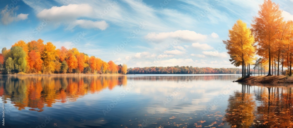 Autumn lake forest panorama