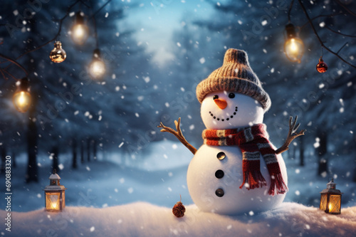 Cute snowman in snow with senta hat for happy christmas and new year festival winter wallpaper. AI © Liyomax