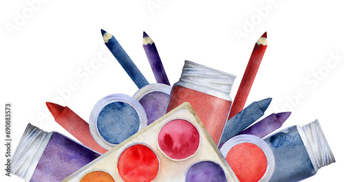 Watercolor hand drawn illustration, kids children painting materials supplies, red blue purple art stationery. Seamless border isolated on white. For school, kindergarten, party, cards, website, shop.