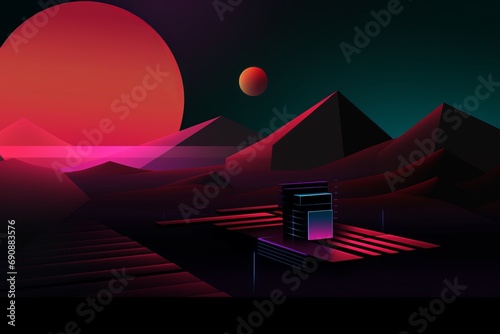 Neon-lit digital landscape with mountains and a laptop, a striking piece for cyberpunk aesthetics and tech-themed artwork.