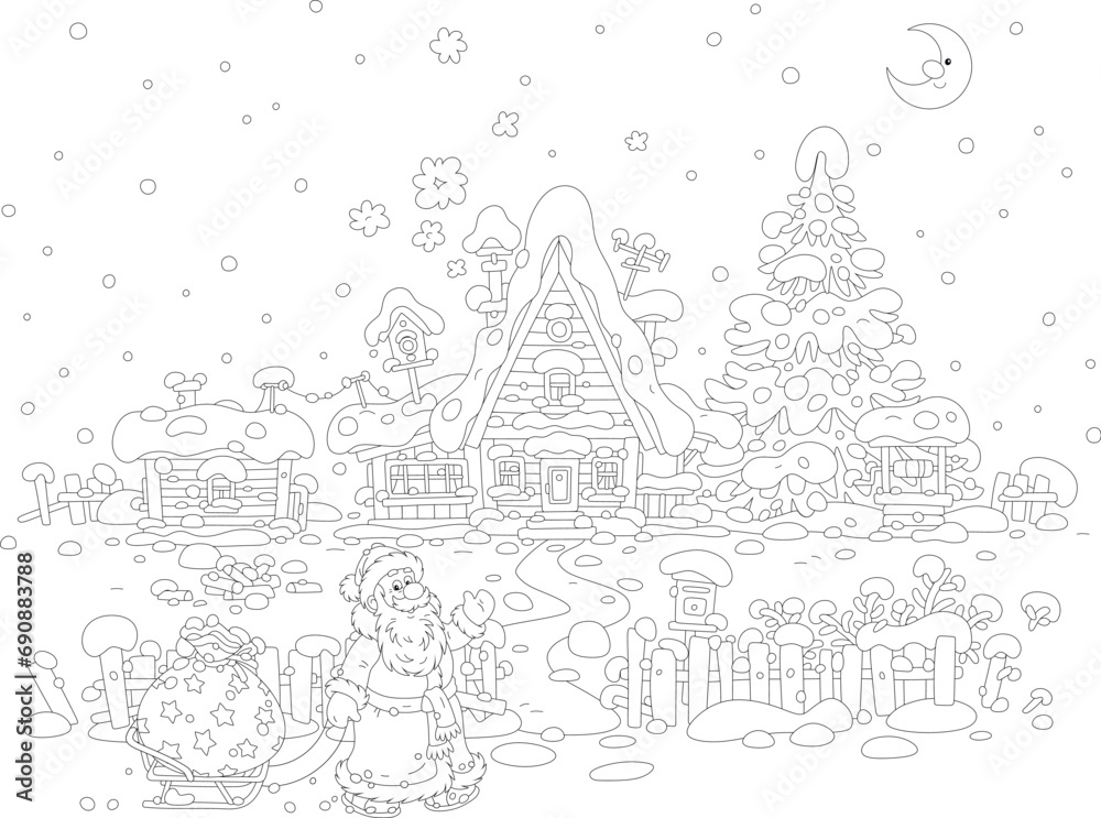 On the snowy night before Christmas happy Santa Claus pulling his sledge with a magical bag of winter holiday gifts for little children sleeping in a cute small village house, vector cartoon
