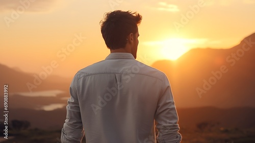 Back view portrait of a white male against sunrise landscape in the background, background image, generative AI