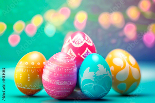 Beautiful Easter eggs on a bright background, holiday atmosphere, traditional Easter motifs