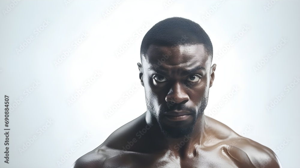 Portrait of a black male boxer on action against white background with space for text, background image, generative AI Portrait of a black male boxer on action against white background with space for text, background image, generative AI
