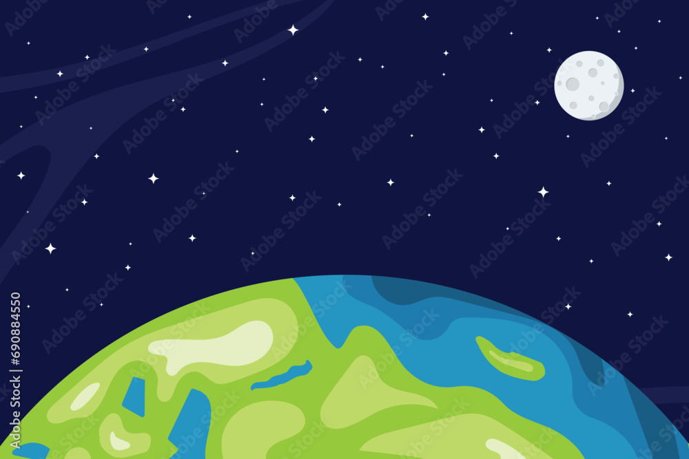 Earth surface landscape with moon on outer space background vector illustration