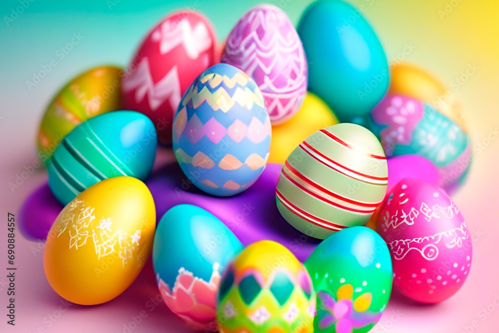 
Colorful Easter egg decorations on a bright background, joyful and festive atmosphere, traditional Easter motifs