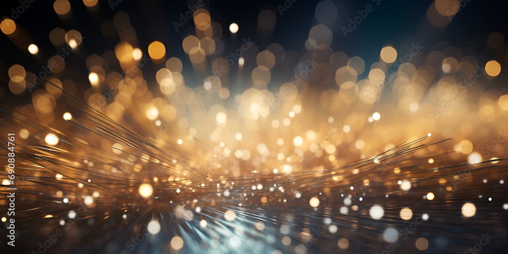 Bulbs lights background:blur of christmas wallpaper decorations concept. holiday festival backdrop, sparkle circle lit celebrations display. Detail of glittering gold dust in movement. generative AI

 - obrazy, fototapety, plakaty 