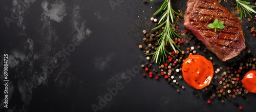 Beef steak with sauce on stone board, seen from above.