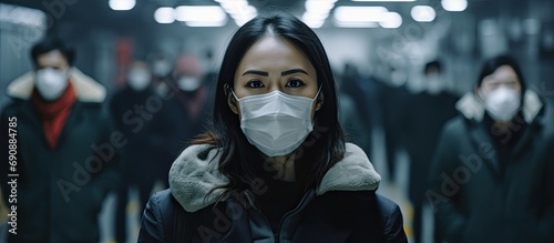 bustling business of construction, a determined Asian woman dons a white mask while leading her diverse team in a busy warehouse, managing deliveries factory industry. photo