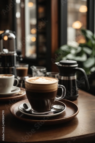 Close-up of a cup of delicious hot coffee, latte, espresso, Americano in a cozy cafe. Food and drinks, breakfast, coffee concepts.