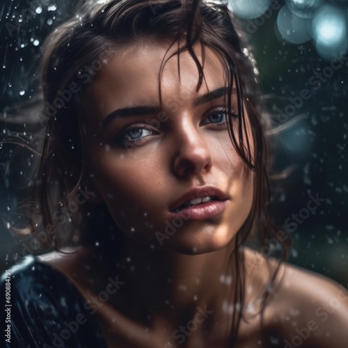 Enigmatic Beauty in Rain: Intense Gaze and Water Droplets