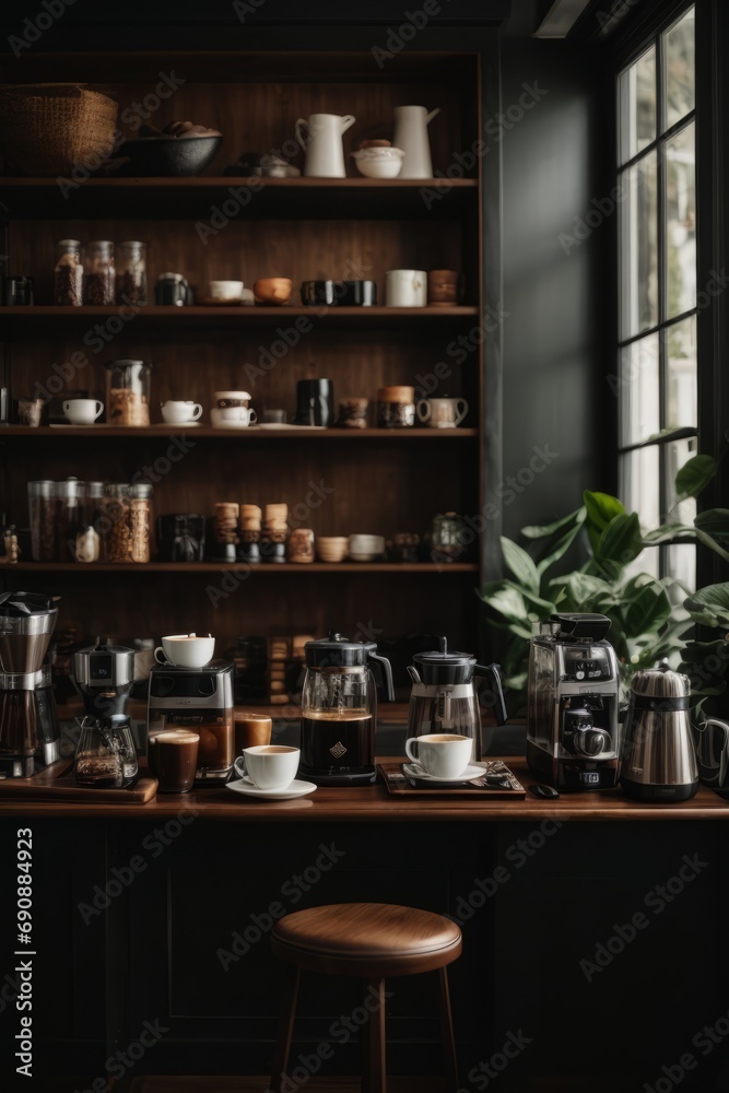 Cozy coffee shop with latte and espresso cups on a dark background. Food and drinks, breakfast, coffee concepts.