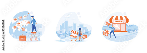 Franchise business concept.Businesswoman standing and buying a franchise. Business industry,  business expansion, distribution. Franchise 2 set flat vector modern illustration