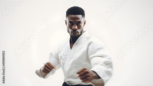 Portrait of a black male karate fighter on action against white background with space for text, background image, generative AI