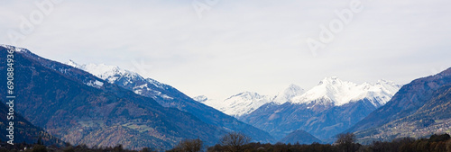 Banner travel with mountain view of alpine as snow-capped mount peaks in Winter mountains scene