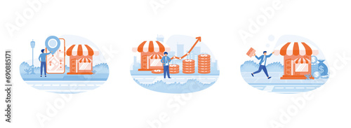 Franchising business branch expansion. Small enterprise, company, shop, retail store or service network. Franchise 2 set flat vector modern illustration 