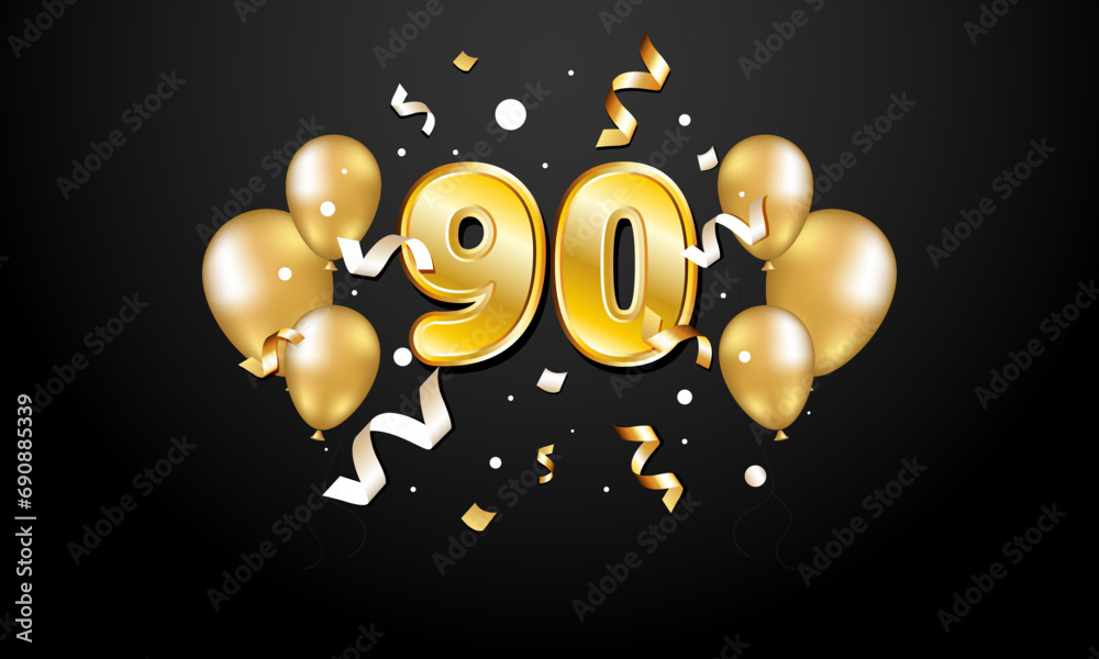 90. The number ninety in gold color on a black background with gold ...
