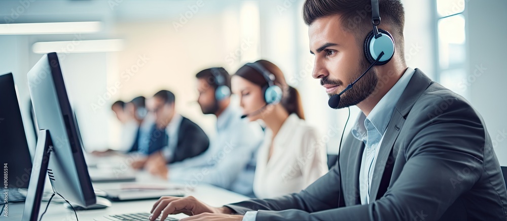 Call center workers with headphones are working at a modern office, how can I assist? - obrazy, fototapety, plakaty 