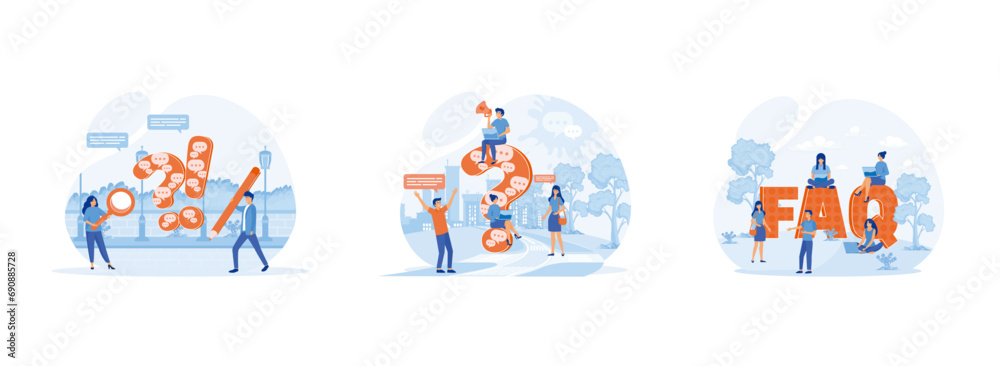 Question mark with speech bubble conversation. Business people ask questions using laptop.Frequently asked questions.  Frequently asked questions FAQ  2 flat vector modern illustration