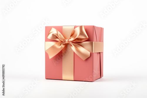 A pink gift box wrapped with ribbon, isolated on a solid white background © Castle Studio